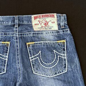 True Religion Billy Big T Womens Jeans 33 Blue Button Fly Embroidered Distressed